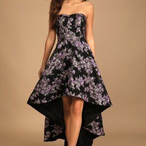 Lulus All Romance Black Floral Jacquard Strapless High-low Dress - Size XL